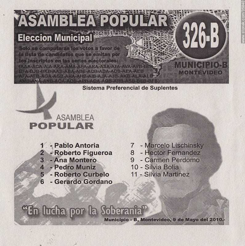 Elecciones municipales de Montevideo. 9 de mayo 2010. Lista 326B - Departamento de Montevideo - URUGUAY. Foto No. 35840