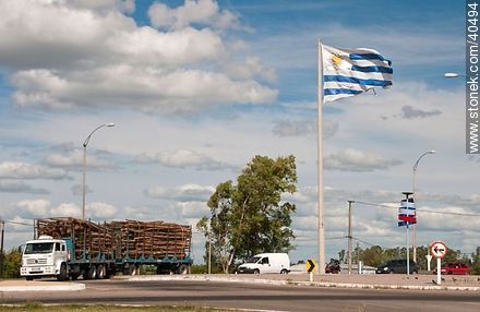 Timber truck at the roundabout at the entrance to the city of Durazno - Durazno - URUGUAY. Photo #40494