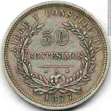 Frente de una moneda uruguaya antigua de 50 centésimos de 1877 - Departamento de Montevideo - URUGUAY. Foto No. 53670