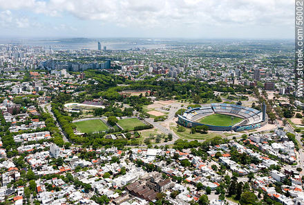 Vista aérea de los estadios Centenario, Mendez Piana (Miramar Misiones) y Parque Palermo (Central Español) - Departamento de Montevideo - URUGUAY. Foto No. 56002