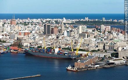 Aerial view of the port. Cargo ship in terminal Montecon - Department of Montevideo - URUGUAY. Photo #58131