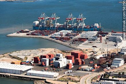 Grúas de la Terminal Cuenca del Plata en operación de descarga de contenedores de un carguero de Maersk Line - Departamento de Montevideo - URUGUAY. Foto No. 58256