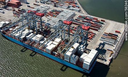 Vista aérea de las grúas de la Terminal Cuenca del Plata en operación de descarga de contenedores de un carguero de Maersk Line - Departamento de Montevideo - URUGUAY. Foto No. 58246