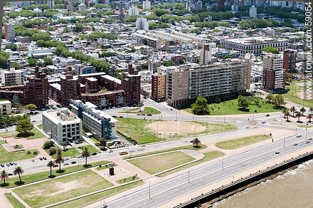 Aerial view of the Rambla Argentina. Postal Union and Ibis Hotel. Lamaro Building. - Department of Montevideo - URUGUAY. Photo #59054