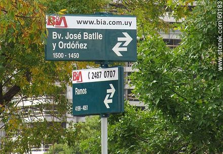 Signage with street names and block numbering - Department of Montevideo - URUGUAY. Photo #60183