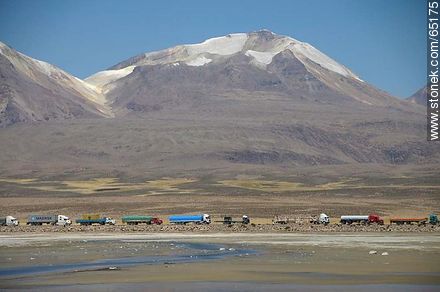 Chungará Lake. Nevados de Quimsachata. Time line of trucks waiting at the border post - Chile - Others in SOUTH AMERICA. Photo #65175