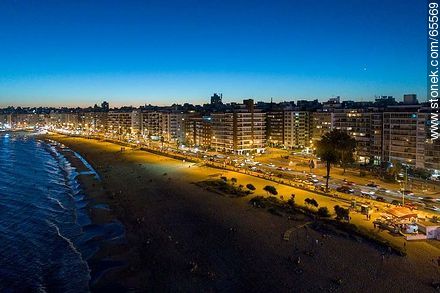 Aerial view at dusk of the rambla and beach Pocitos - Department of Montevideo - URUGUAY. Photo #65569