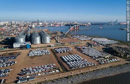 Aerial photo of the port. Silos and imported vehicles - Department of Montevideo - URUGUAY. Photo #66120