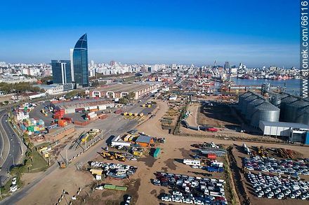 Aerial photo of the port. Silos and imported vehicles - Department of Montevideo - URUGUAY. Photo #66116