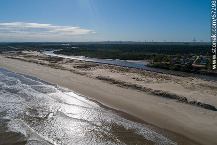 Aerial view of the Chuy stream at its mouth in the Atlantic Ocean. Border with Brazil - Department of Rocha - URUGUAY. Photo #67298
