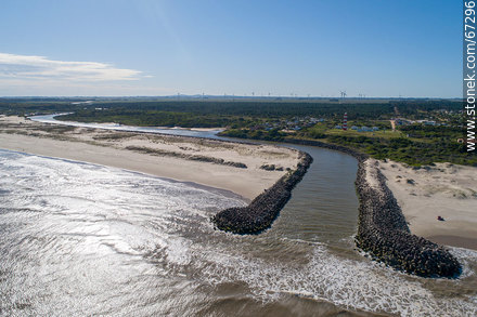 Aerial view of the Chuy stream at its mouth in the Atlantic Ocean. Border with Brazil - Department of Rocha - URUGUAY. Photo #67296