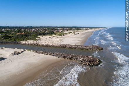 Aerial view of the Chuy stream at its mouth in the Atlantic Ocean. Border with Brazil - Department of Rocha - URUGUAY. Photo #67293