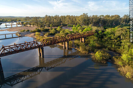 Aerial view of the road and rail bridges over the Olimar Chico River - Department of Treinta y Tres - URUGUAY. Photo #70195