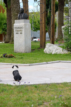 Plaza Lázaro Cabrera. Perro mirando con atención el busto de Fabini - Departamento de Lavalleja - URUGUAY. Foto No. 70687