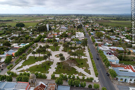 Aerial view of Lázaro Cabrera square and Nuestra Señora del Carmen parish - Lavalleja - URUGUAY. Photo #70669