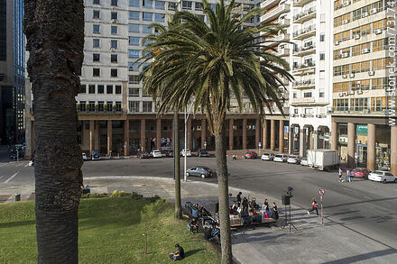 Vista aérea entre las palmeras de la circunvalación a la Plaza Independencia - Departamento de Montevideo - URUGUAY. Foto No. 73174