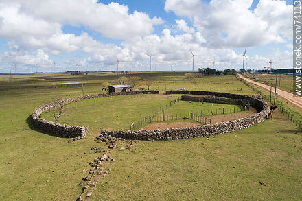 Aerial view of a large old stone corral. Archeological reserve site - Tacuarembo - URUGUAY. Photo #74113