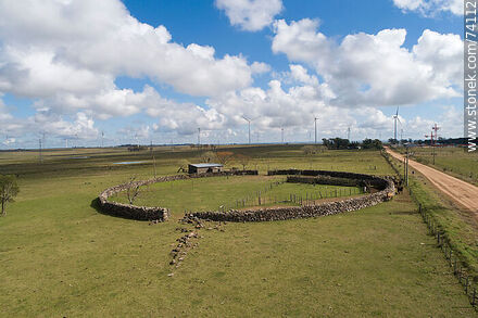 Aerial view of a large old stone corral. Archeological reserve site - Tacuarembo - URUGUAY. Photo #74112