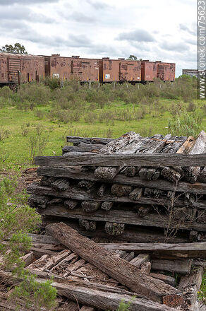 Pila de viejos durmientes de madera en la estación de ferrocarril de Illescas - Departamento de Florida - URUGUAY. Foto No. 75623