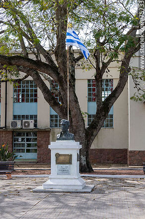 Plaza Artigas. Busto a Artigas. Bandera uruguaya. Al fondo la escuela No. 45 Cyro Giambruno - Departamento de Florida - URUGUAY. Foto No. 75733