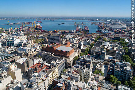 Aerial view of the Center, Adela Reta hall (SODRE), Central Bank, port promenade and port - Department of Montevideo - URUGUAY. Photo #76489