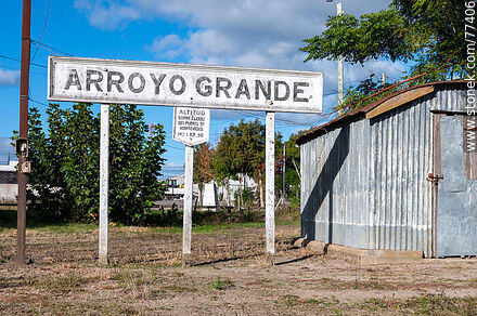 Arroyo Grande train station at Ismael Cortinas on the border of four departments. Station sign - Flores - URUGUAY. Photo #77406