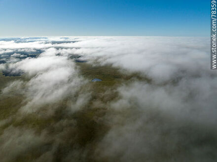 Vista aérea de bruma en forma de nubes muy bajas sobre el campo y la ruta 8 -  - URUGUAY. Foto No. 78359