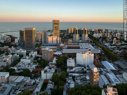 Aerial view of the towers and buildings at sunset. Montevideo Shopping Center - Department of Montevideo - URUGUAY. Photo #78577