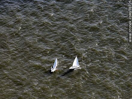 Aerial view of two sailboats sailing in the Rio de la Plata -  - MORE IMAGES. Photo #78726