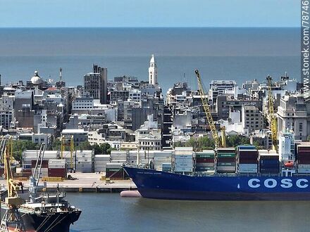Aerial photo of the bay of Montevideo. Cargo ship in port - Department of Montevideo - URUGUAY. Photo #78746