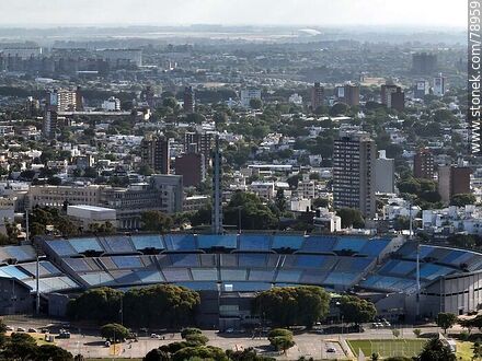 Aerial photo of the Olympic grandstand and the tribute tower at the Centenario stadium. - Department of Montevideo - URUGUAY. Photo #78959