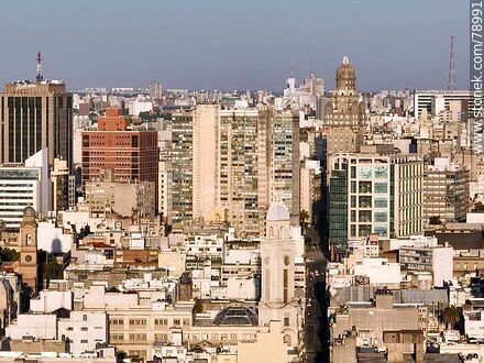 Flat aerial view of buildings in the Old City and Downtown Montevideo. Torre Ejecutiva, Palacio Salvo, Sarandí street, Radisson Victoria Plaza hotel, El Correo tower - Department of Montevideo - URUGUAY. Photo #78991