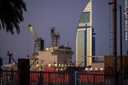 The port and the Antel tower reflecting the last of the sunlight - Department of Montevideo - URUGUAY. Photo #79200