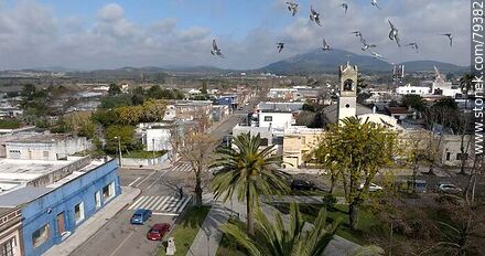 Vista aérea de palomas volando frente al drone sobre la plaza 19 de Abril - Department of Maldonado - URUGUAY. Photo #79382