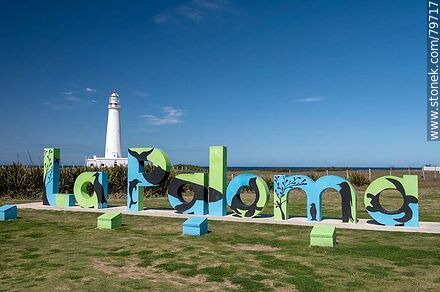 La Paloma sign with Cabo de Santa Maria lighthouse in the background - Department of Rocha - URUGUAY. Photo #79717