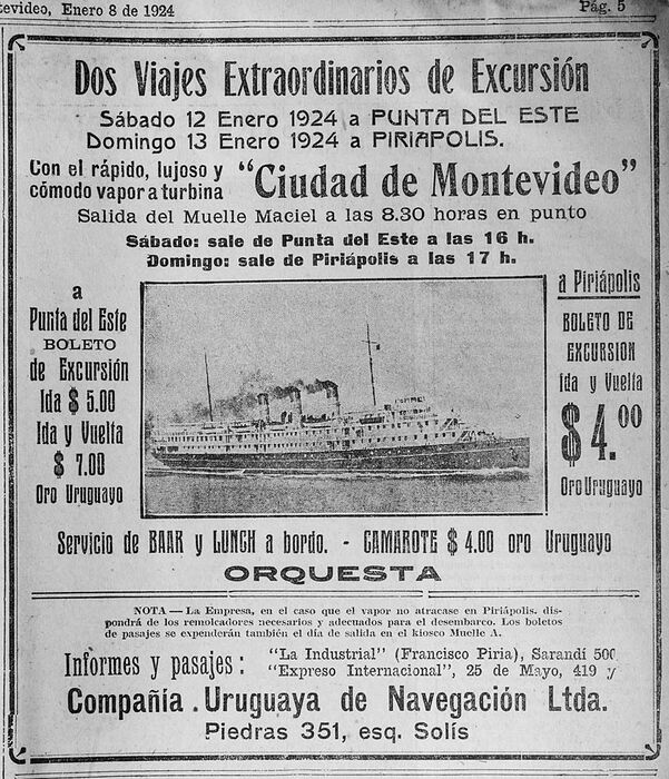Aviso antiguo de excursiones a Punta del Este y Piriápolis en el buque Ciudad de Montevideo, 1924 - Departamento de Montevideo - URUGUAY. Foto No. 81465