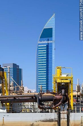 Antel tower behind the pipelines of a dredger - Department of Montevideo - URUGUAY. Photo #81758