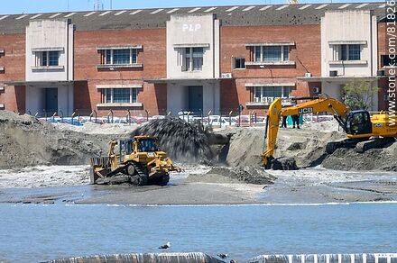 Maquinaria moviendo arena para el relleno de la ampliación del muelle C para la terminal de UPM, 2019 - Departamento de Montevideo - URUGUAY. Foto No. 81826