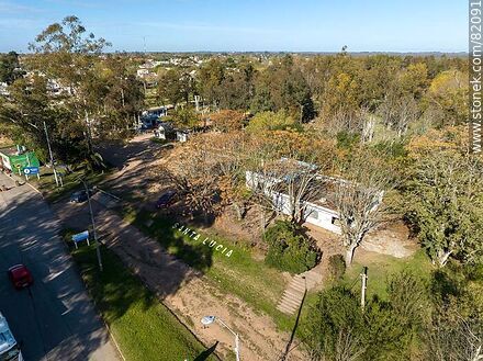 Aerial view of the Santa Lucia sign on the lawn - Department of Canelones - URUGUAY. Photo #82091