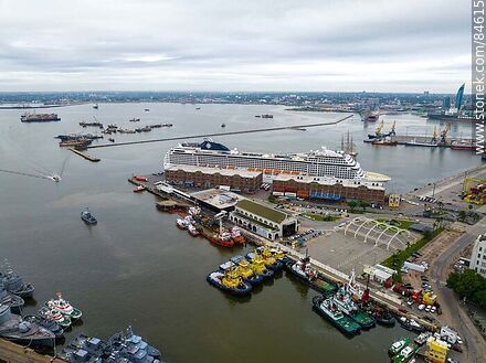 Aerial view of the port of Montevideo and the cruise ship MSC Poesia - Department of Montevideo - URUGUAY. Photo #84615