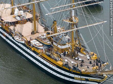 Aerial view of the training ship Amerigo Vespucci leaving the port of Montevideo. - Department of Montevideo - URUGUAY. Photo #84643