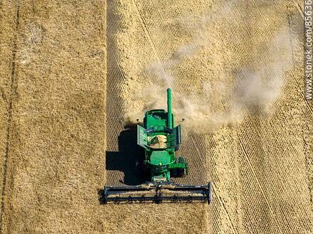 Vista aérea de una cosechadora segando y trillando cebada - Departamento de Río Negro - URUGUAY. Foto No. 85636