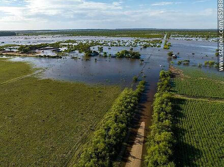 Vista aérea de calles y plantaciones inundadas por la creciente del río Cuareim - Departamento de Artigas - URUGUAY. Foto No. 85988