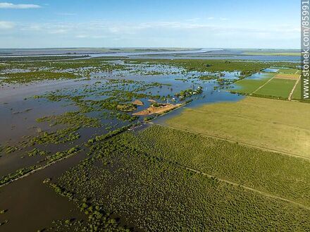 Vista aérea de calles y plantaciones inundadas por la creciente del río Cuareim - Departamento de Artigas - URUGUAY. Foto No. 85991