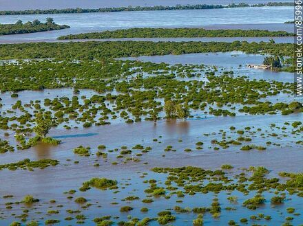 Vista aérea de campos inundados por la creciente del río Cuareim - Departamento de Artigas - URUGUAY. Foto No. 85996