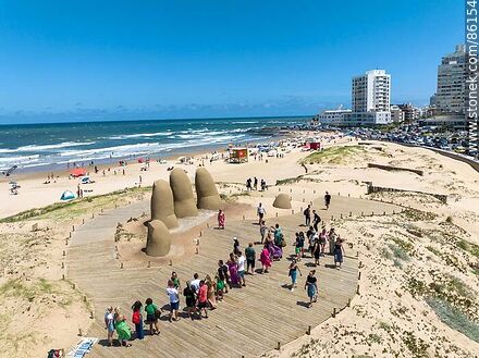 Aerial view of the work La Mano (fingers sticking out of the sand) at Brava beach - Punta del Este and its near resorts - URUGUAY. Photo #86154