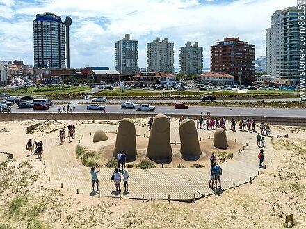 Aerial view of the work La Mano (fingers sticking out of the sand) at Brava beach - Punta del Este and its near resorts - URUGUAY. Photo #86153