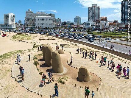Aerial view of the work La Mano (fingers sticking out of the sand) at Brava beach - Punta del Este and its near resorts - URUGUAY. Photo #86152