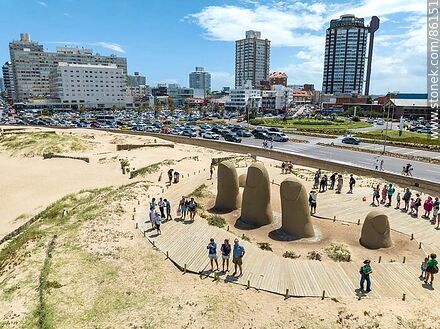Aerial view of the work La Mano (fingers sticking out of the sand) at Brava beach - Punta del Este and its near resorts - URUGUAY. Photo #86151