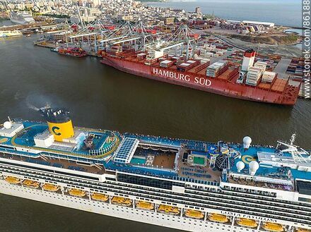 Aerial view of the Costa Favolosa cruise ship sailing in front of the Cuenca del Plata cargo terminal - Department of Montevideo - URUGUAY. Photo #86188